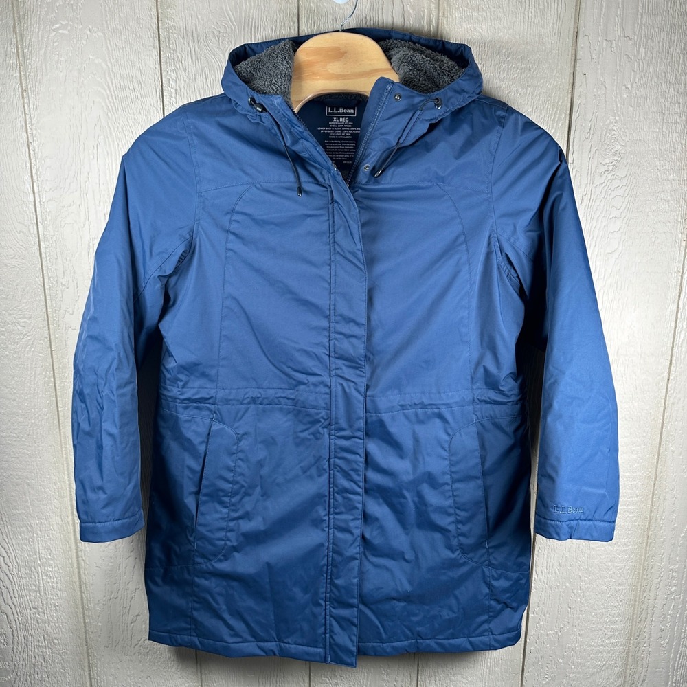 LL Bean Winter Warmer Parka Coat Jacket Womens XL Blue Fleece Lined Hood 271139